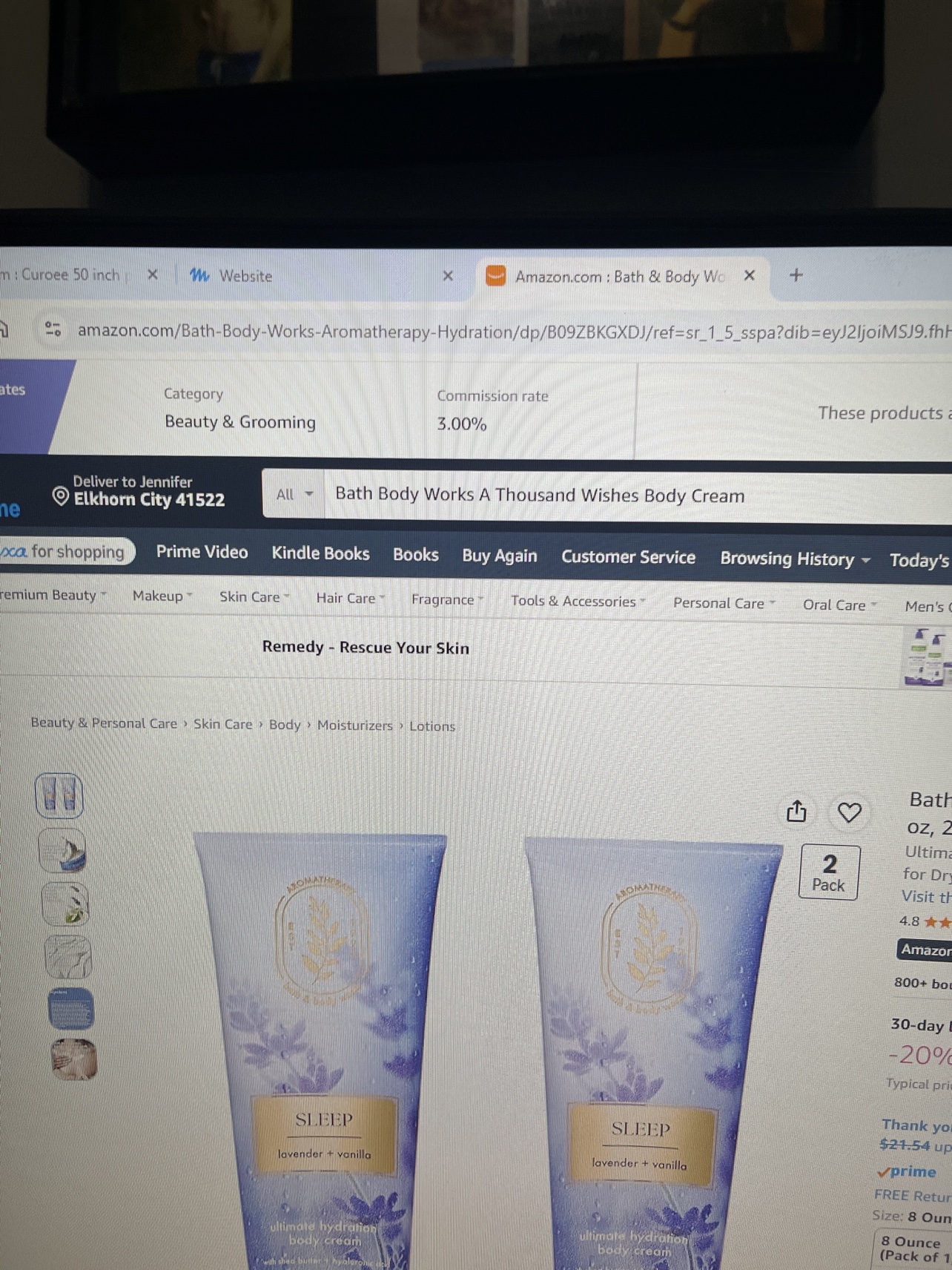 Sleep Lavender Vanilla Ultimate Hydration Body Cream 2-Pack (8 oz) shown on its Amazon product page