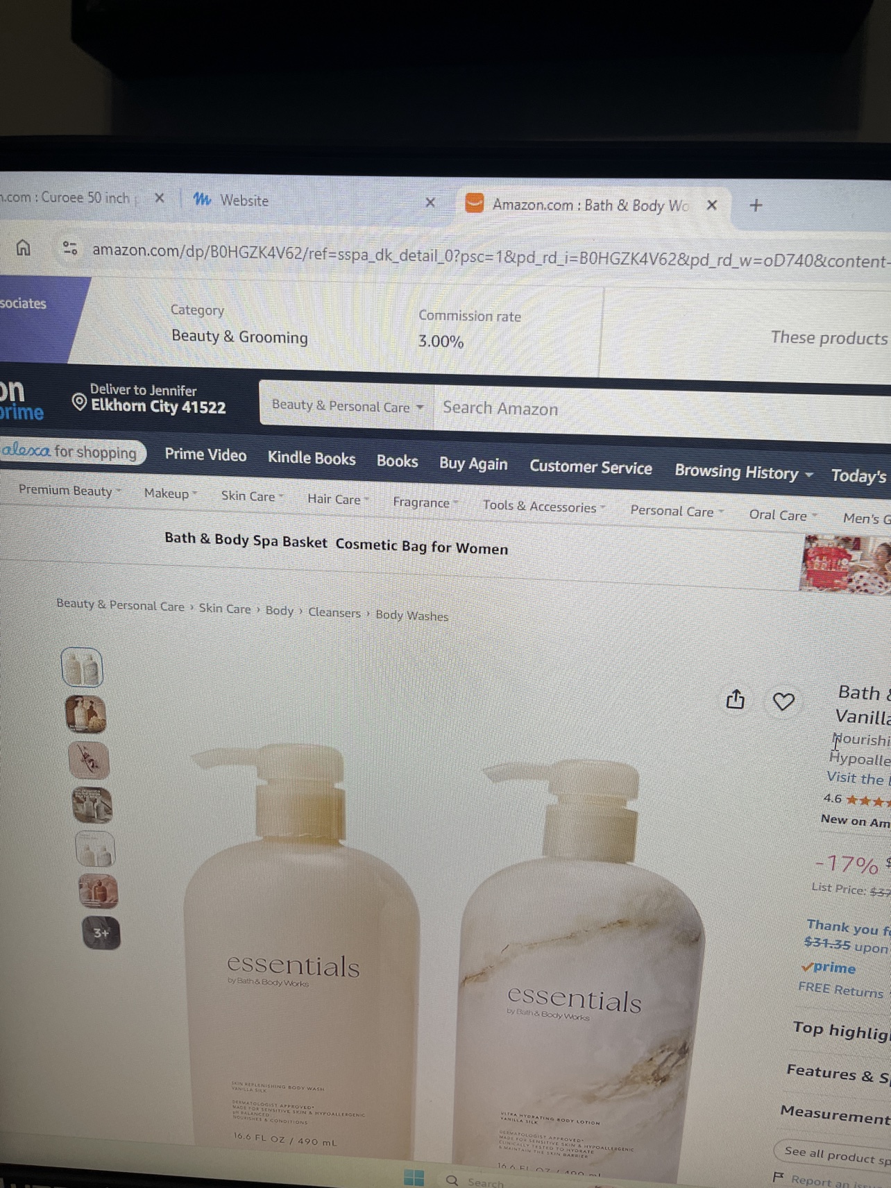 Essentials Vanilla Silk 2-Pack (Body Wash + Body Lotion, 16.6 fl oz) shown on its Amazon product page