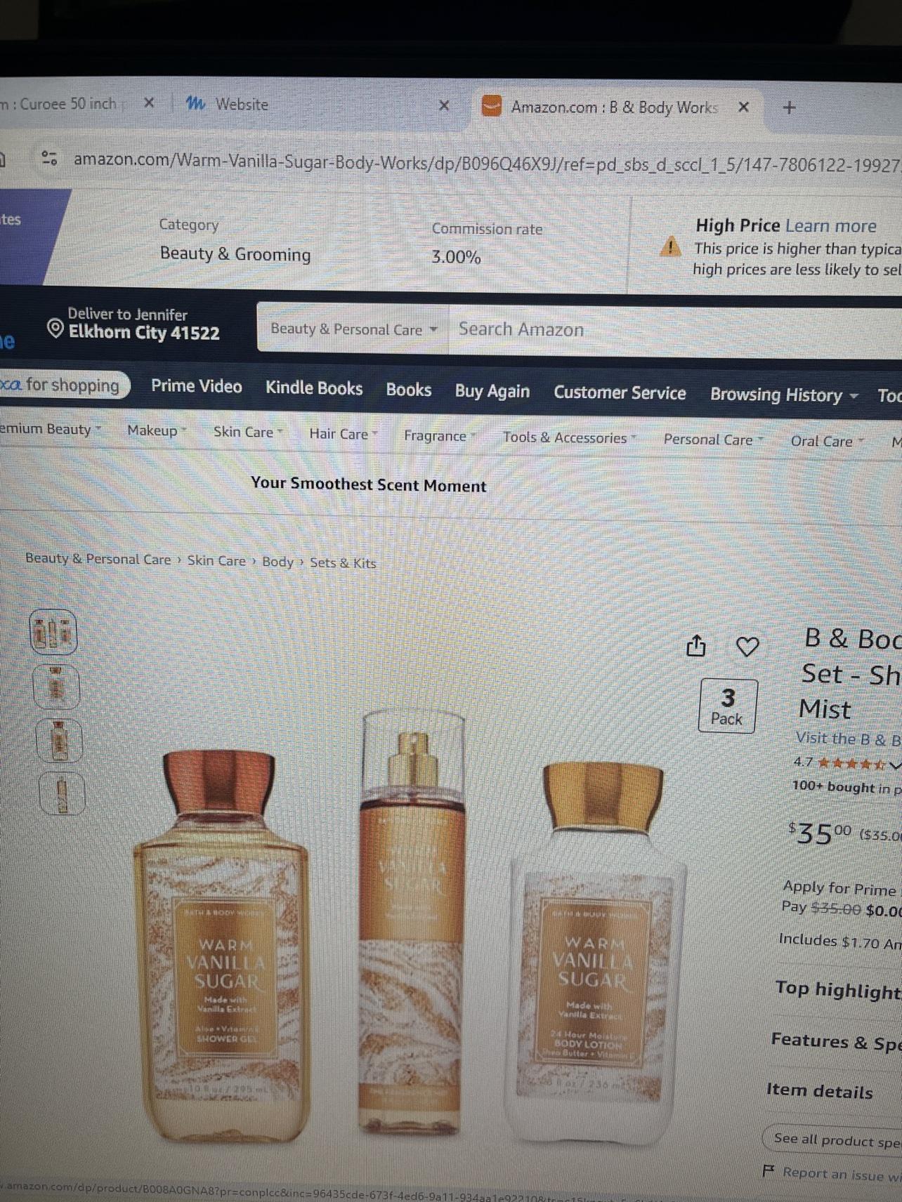 Bath & Body Works Warm Vanilla Sugar 3-Pack shown on its Amazon product page