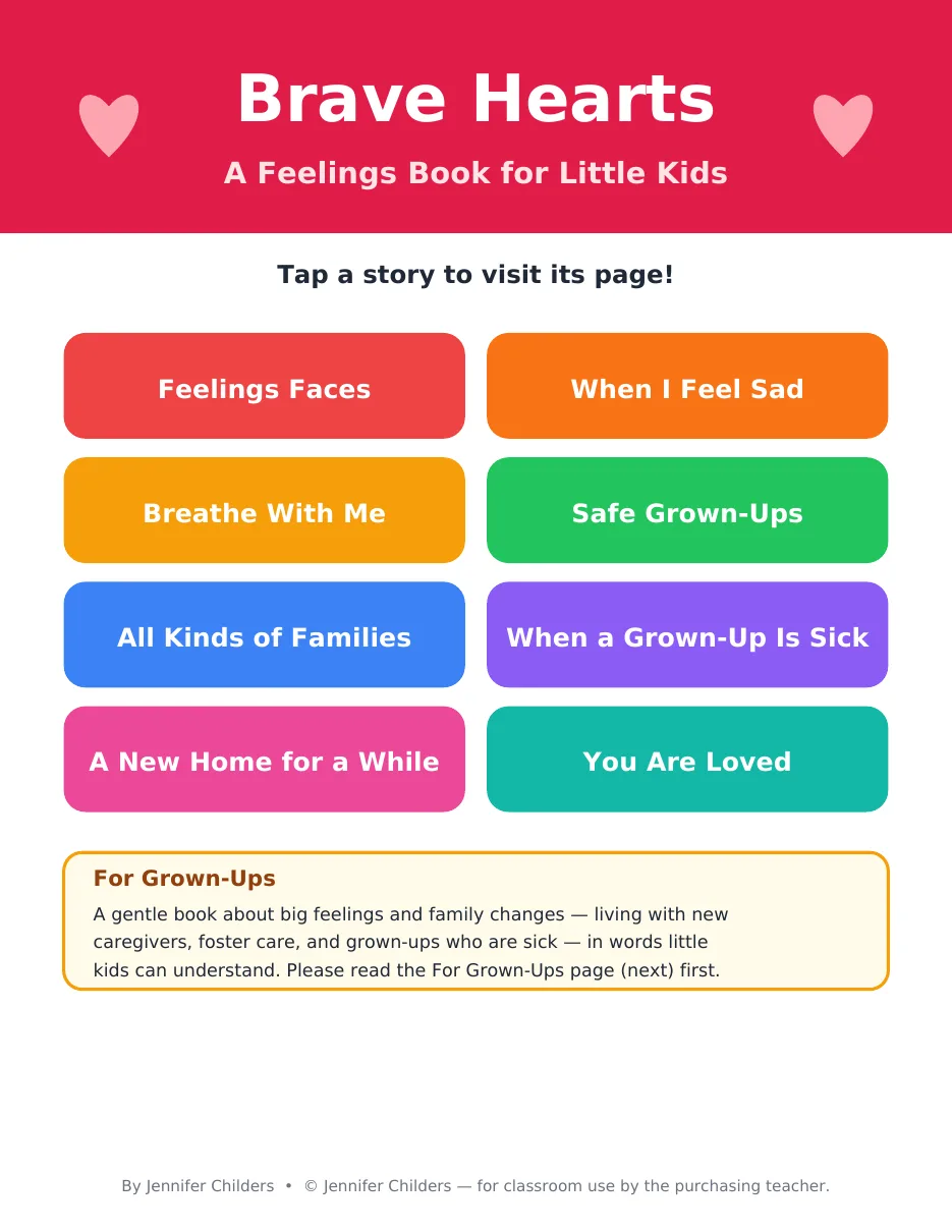 Brave Hearts interactive feelings book cover with colorful story buttons about feelings and family