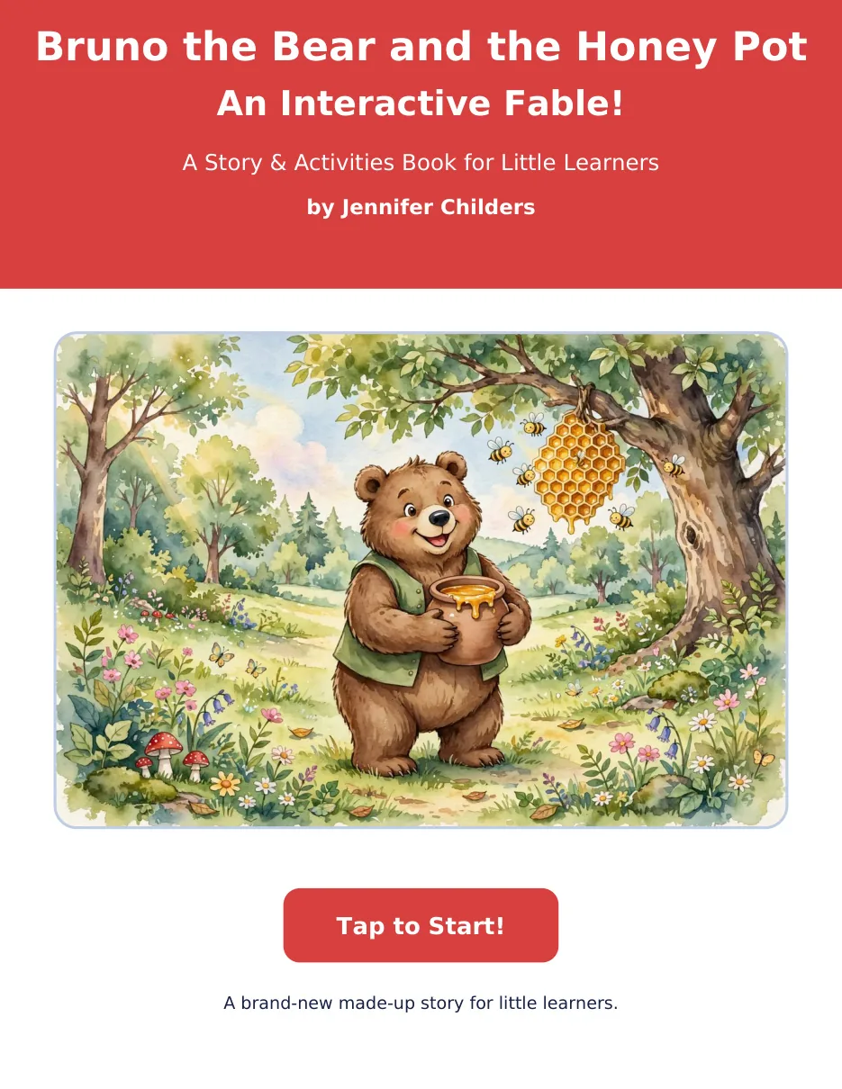 Bruno the Bear and the Honey Pot interactive fable cover with a bear in a green vest beside a honey pot