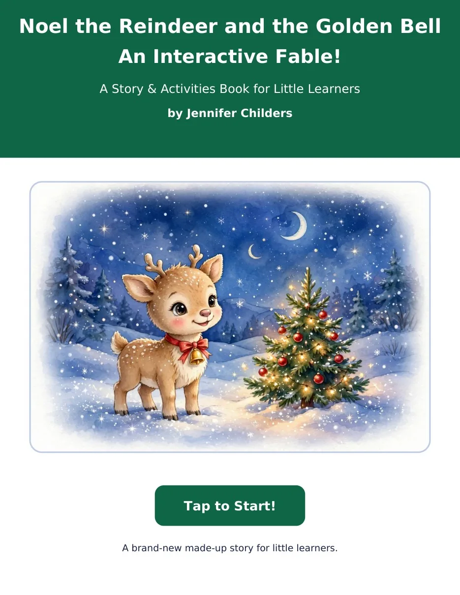 Noel the Reindeer and the Golden Bell interactive Christmas fable cover with a little reindeer wearing a golden bell beside a Christmas tree
