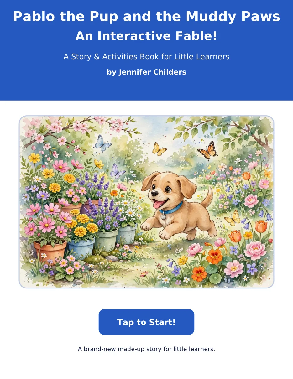 Pablo the Pup and the Muddy Paws interactive fable cover with a puppy in a blue collar