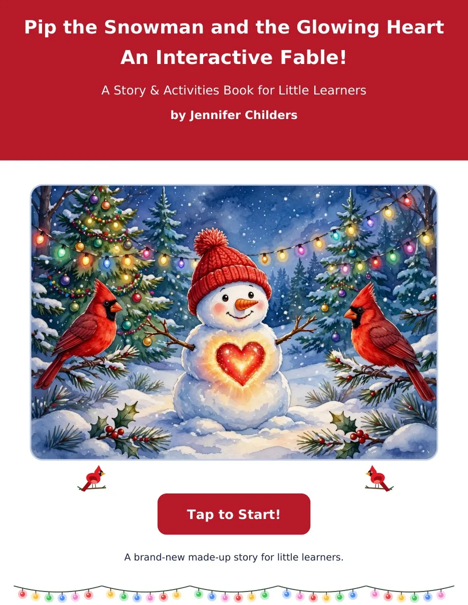 Pip the Snowman and the Glowing Heart interactive Christmas fable cover with a little snowman in a red cap whose heart glows, with red cardinals and Christmas lights