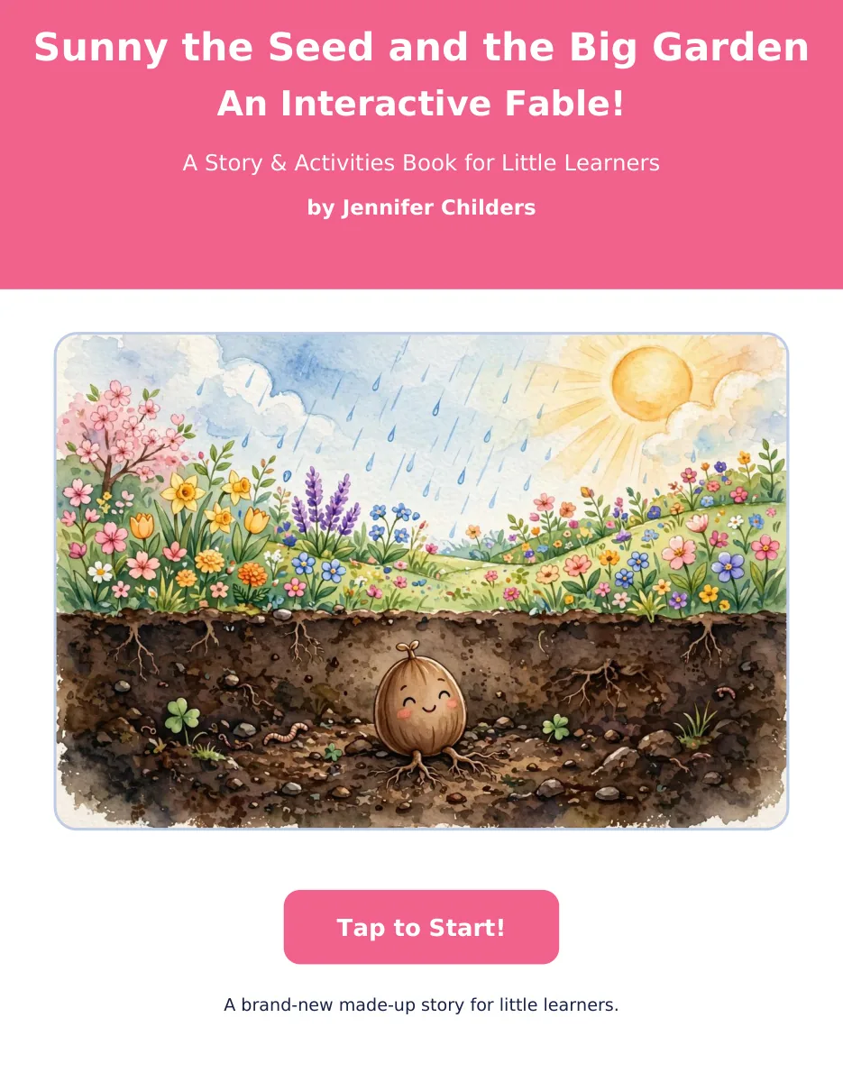 Sunny the Seed and the Big Garden interactive fable cover with a tiny seed sprouting in a big garden