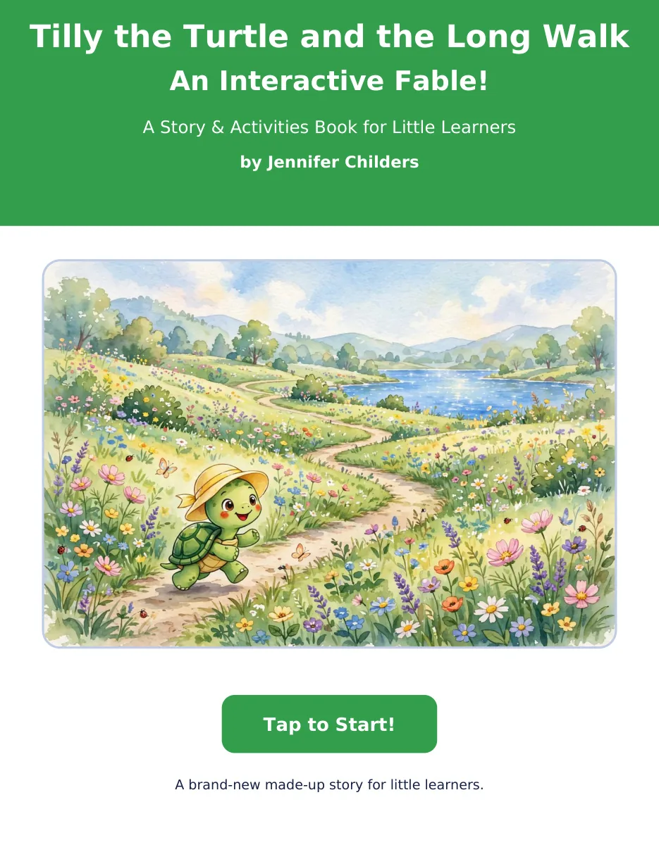 Tilly the Turtle and the Long Walk interactive fable cover with a turtle in a yellow sun hat