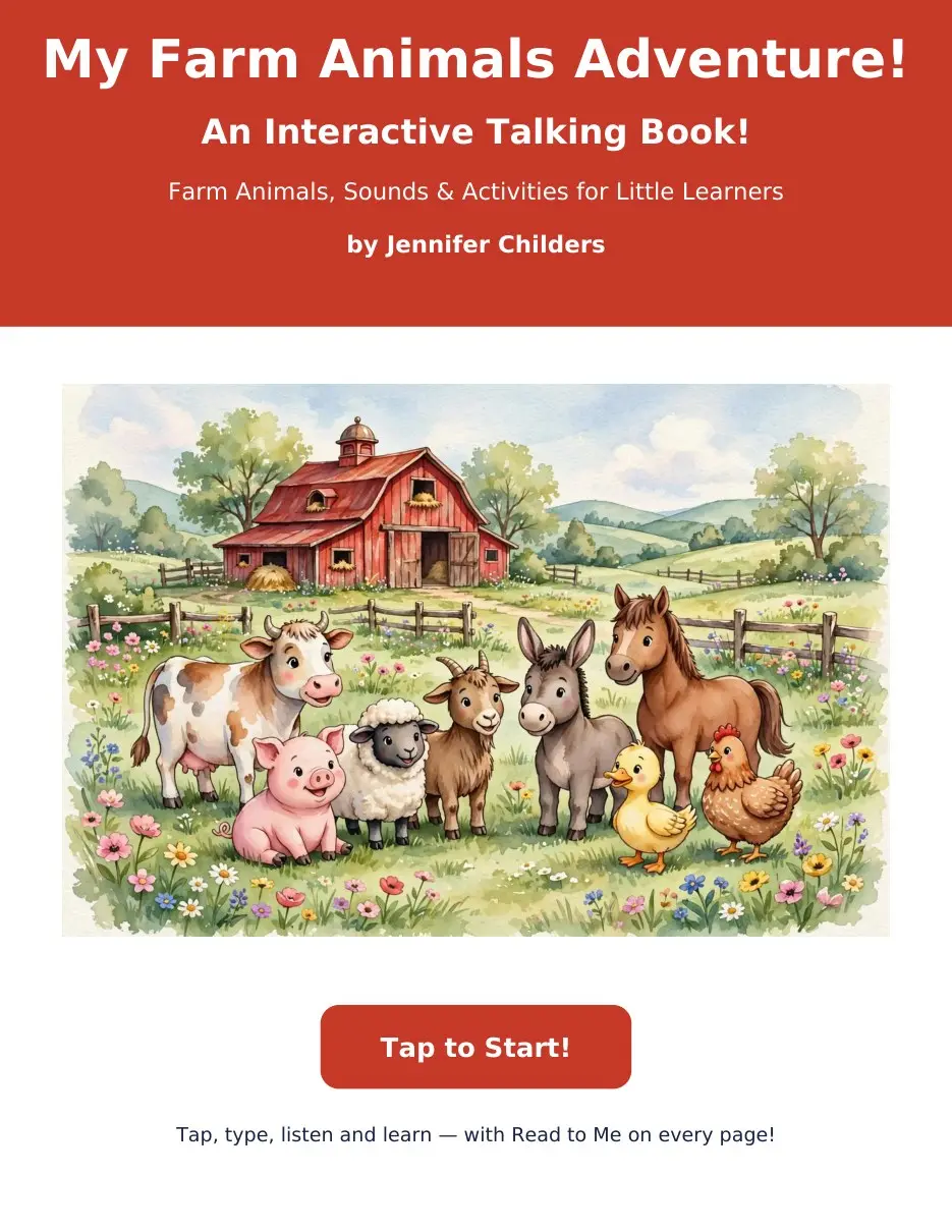 My Farm Animals Adventure interactive farm book cover with a cow, pig, sheep, goat, donkey, horse, duck, and hen by a red barn