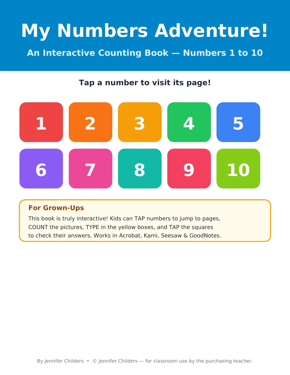 My Numbers Adventure interactive counting book cover with colorful number buttons 1 to 10