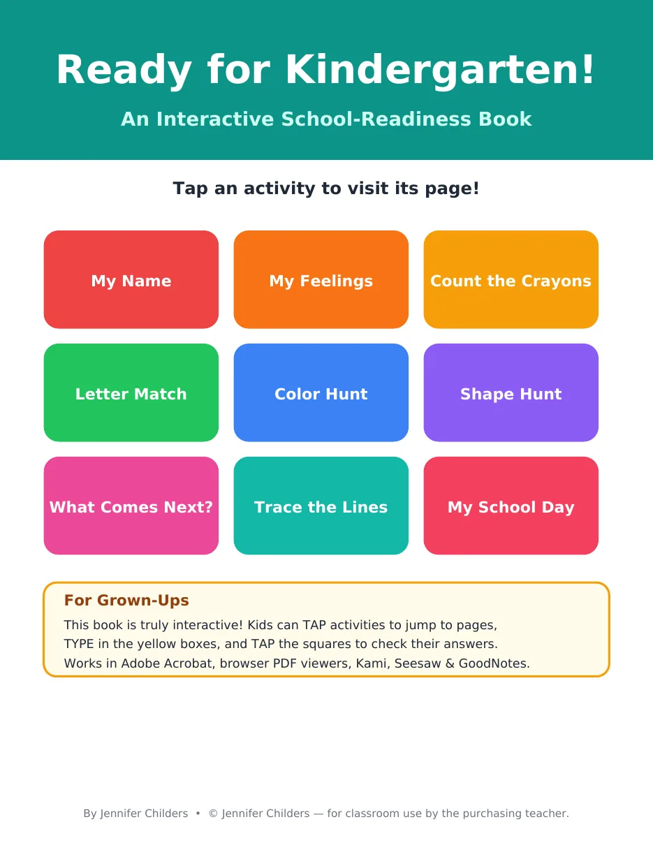 Ready for Kindergarten interactive school readiness book cover with nine colorful activity buttons