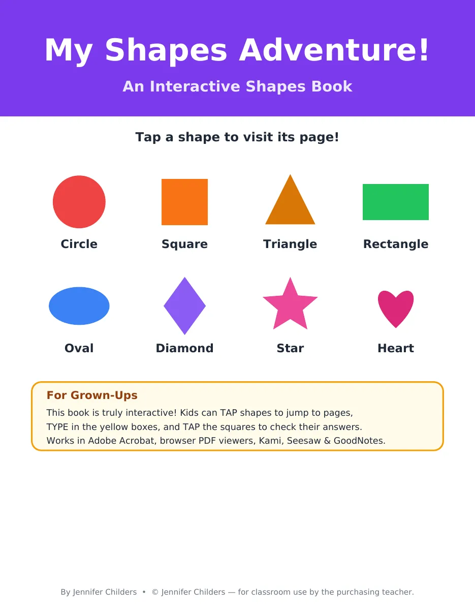 My Shapes Adventure interactive shapes book cover showing circle, square, triangle, and more shapes