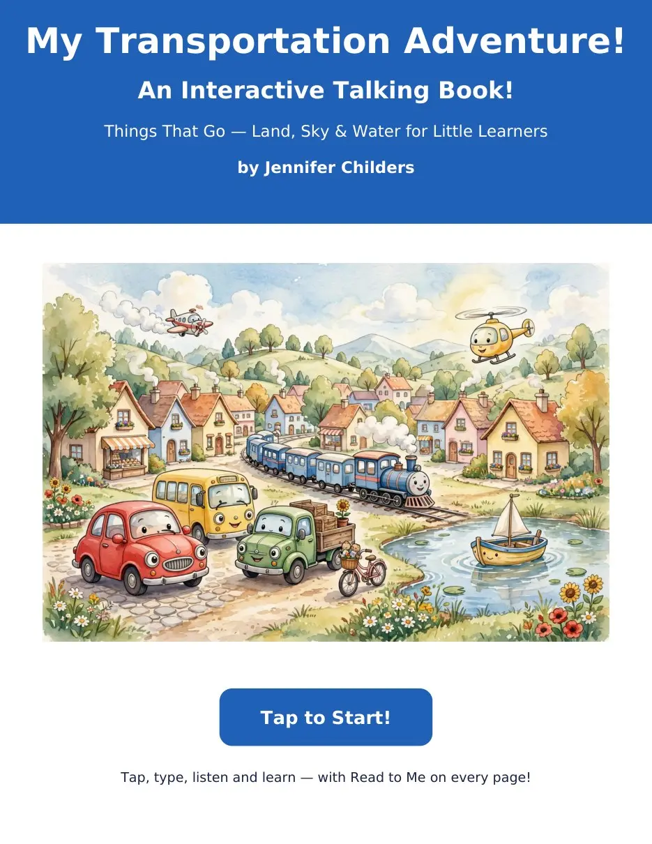 My Transportation Adventure interactive transportation book cover with a car, bus, truck, train, boat, plane, and helicopter