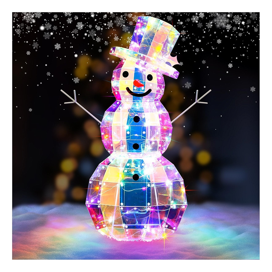 Light-up iridescent snowman glowing in rainbow colors