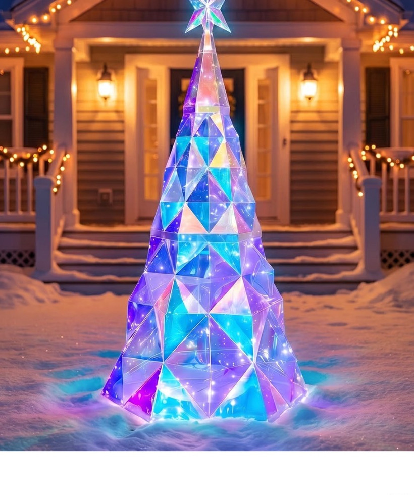 Prismatic iridescent Christmas tree glowing blue, pink, and violet in a snowy yard