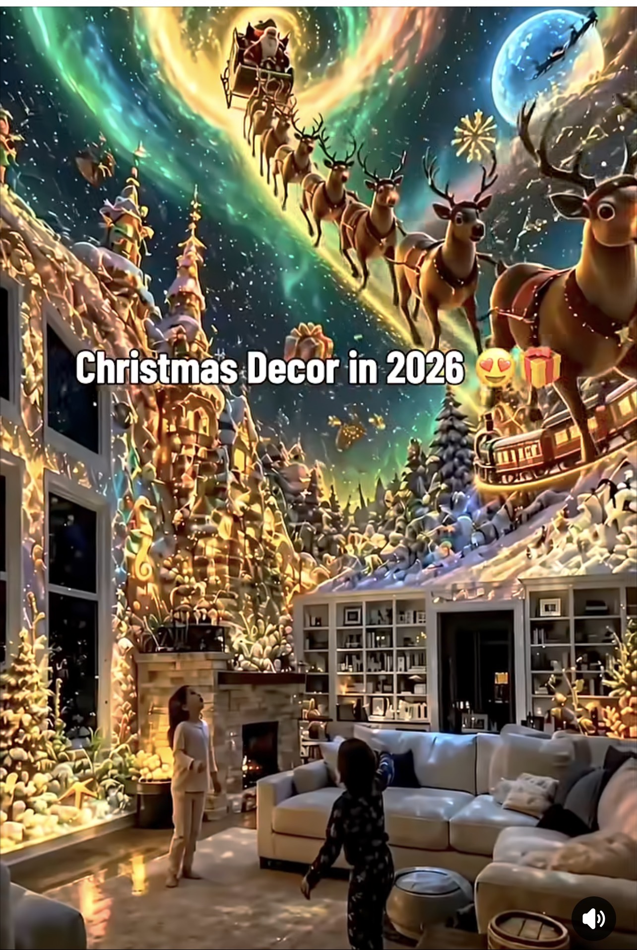 Magical Christmas scene with Santa and reindeer flying over a glowing holiday living room