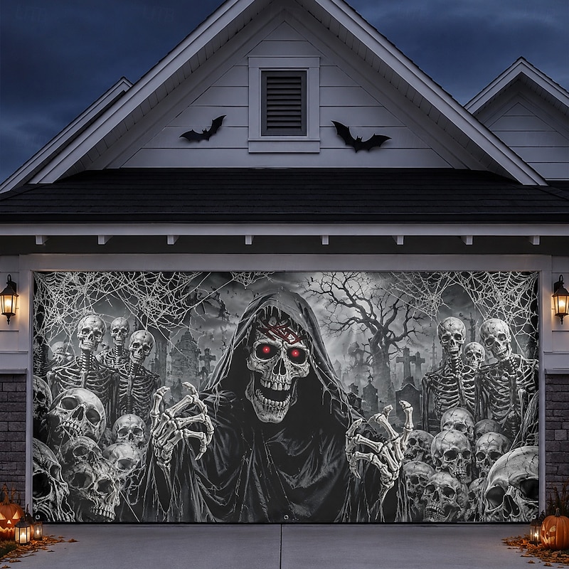 Halloween Garage Door Cover — 3D Skeleton Breaking Through Illusion Design