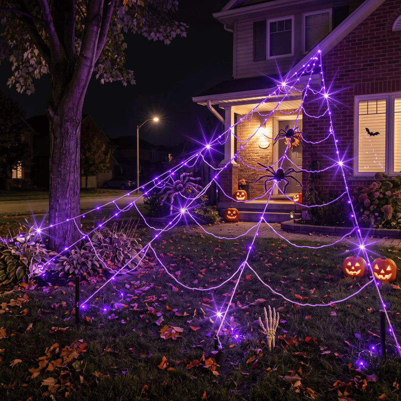 Halloween Lighted Spider Web with Spider — Dark Purple