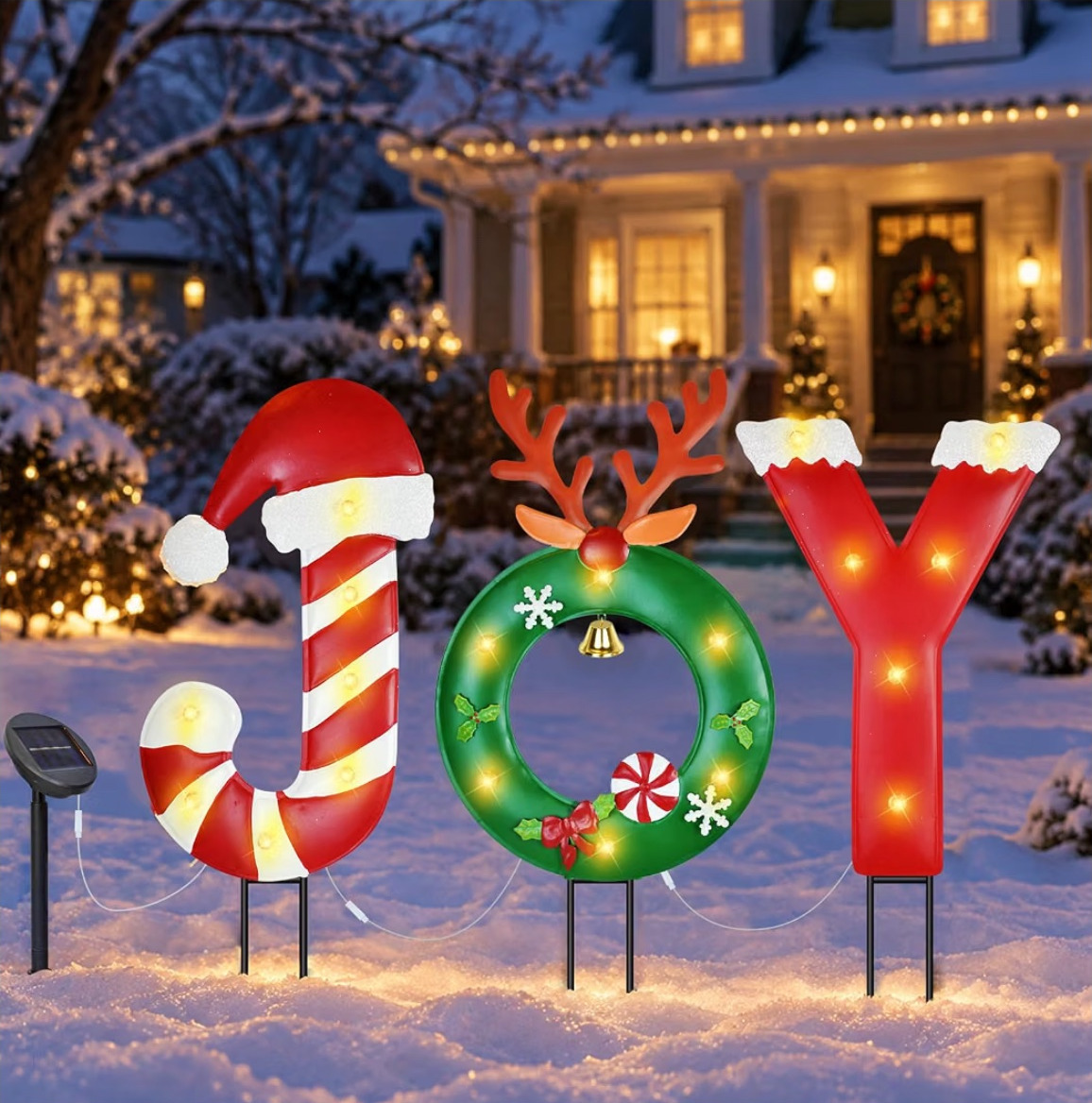 Lighted red and green JOY Christmas yard sign