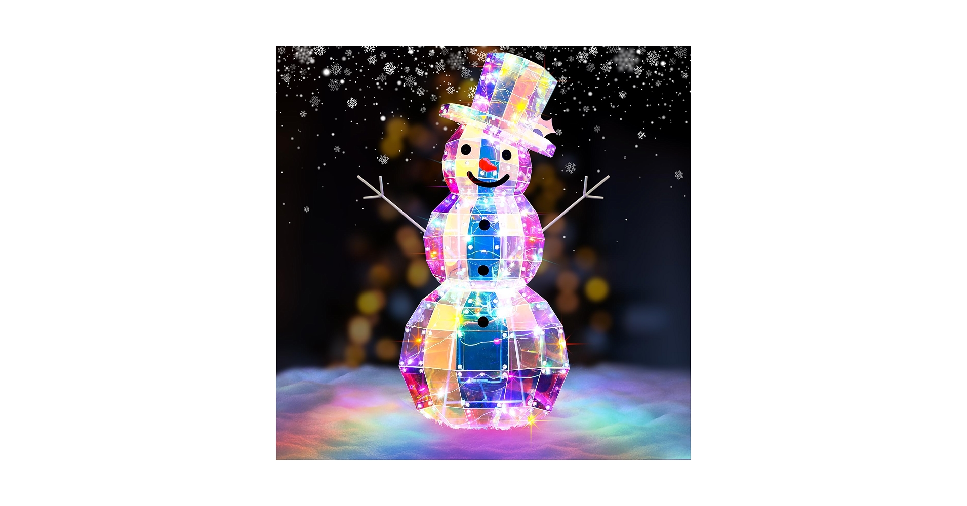 Four-foot iridescent prismatic light-up snowman glowing in rainbow colors