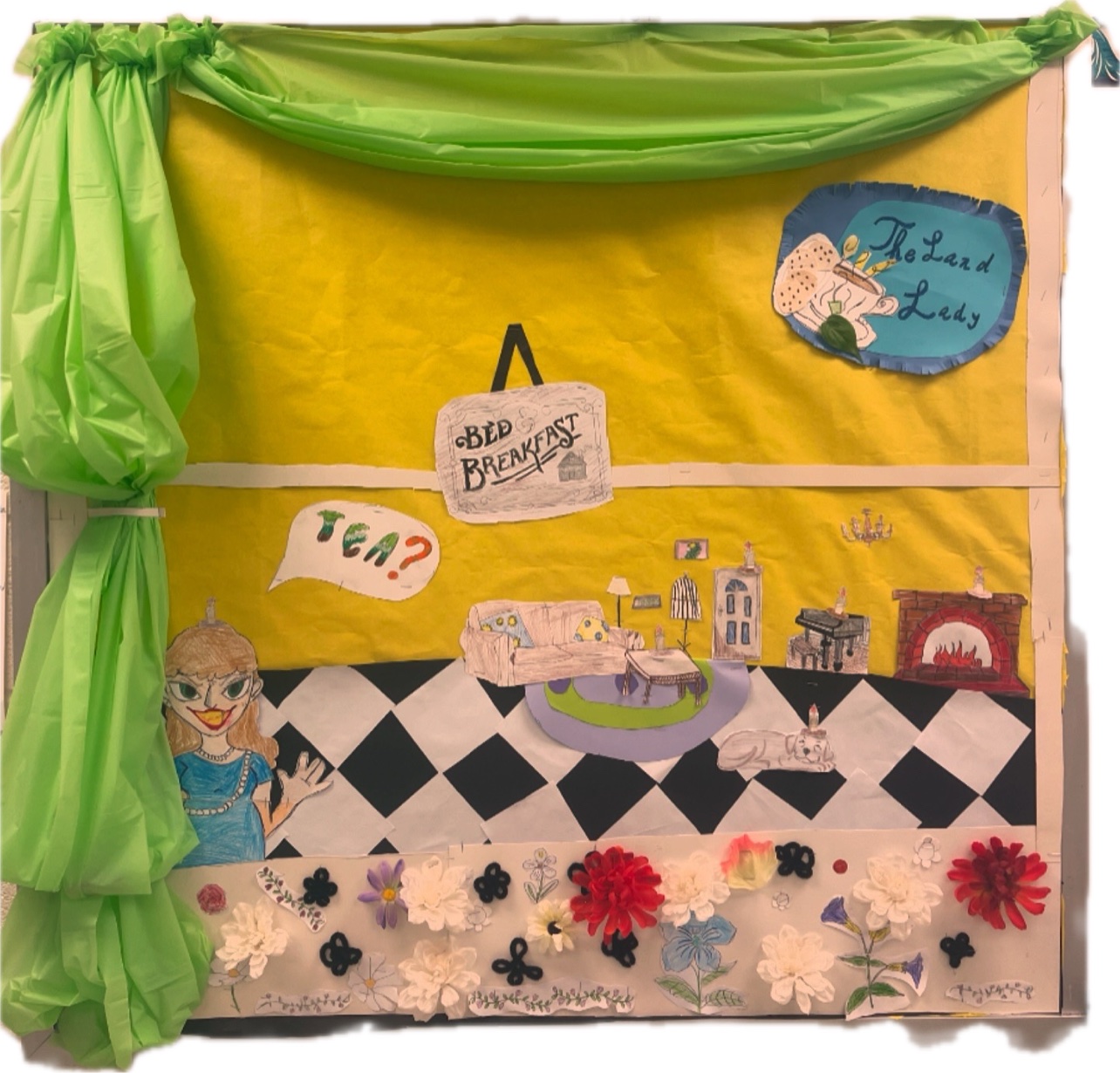 Student-created The Landlady storyboard with a green curtain, bed-and-breakfast sign, and room scene
