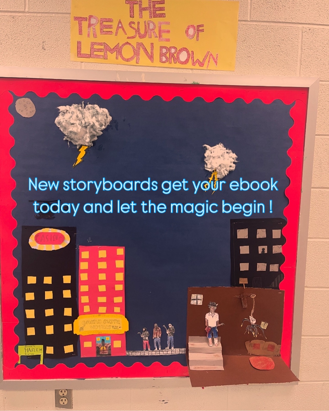 Alternate student-created The Treasure of Lemon Brown storyboard with buildings and a three-dimensional room scene