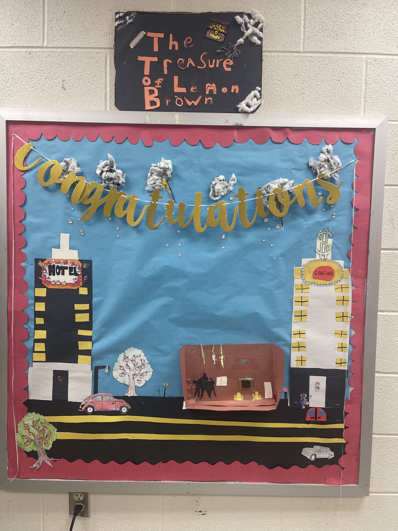 Student-created The Treasure of Lemon Brown storyboard featuring a city street and storm clouds