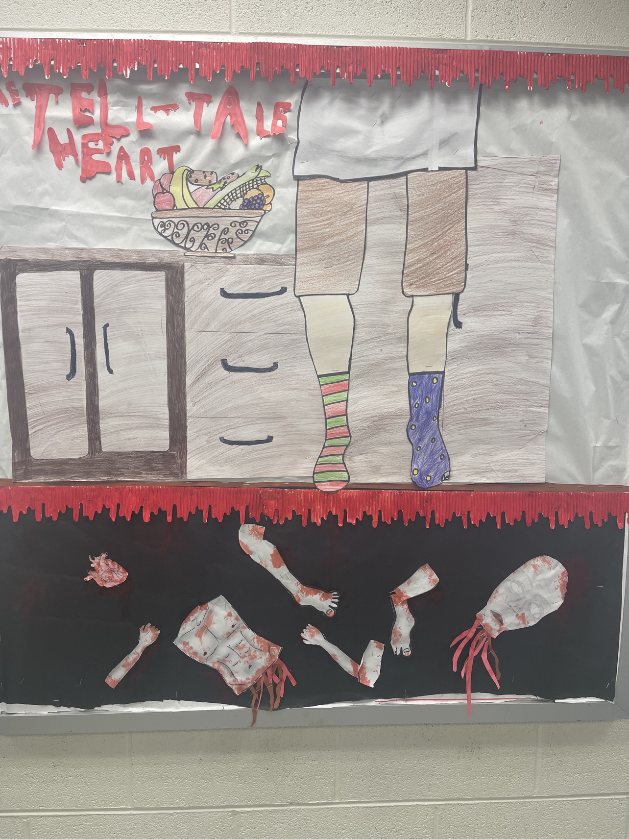 Student-created Tell-Tale Heart storyboard with a bedroom scene and 3D paper body parts